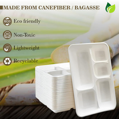 25pc 5-Compartment Bagasse Meal Trays | Eco-Friendly | White
