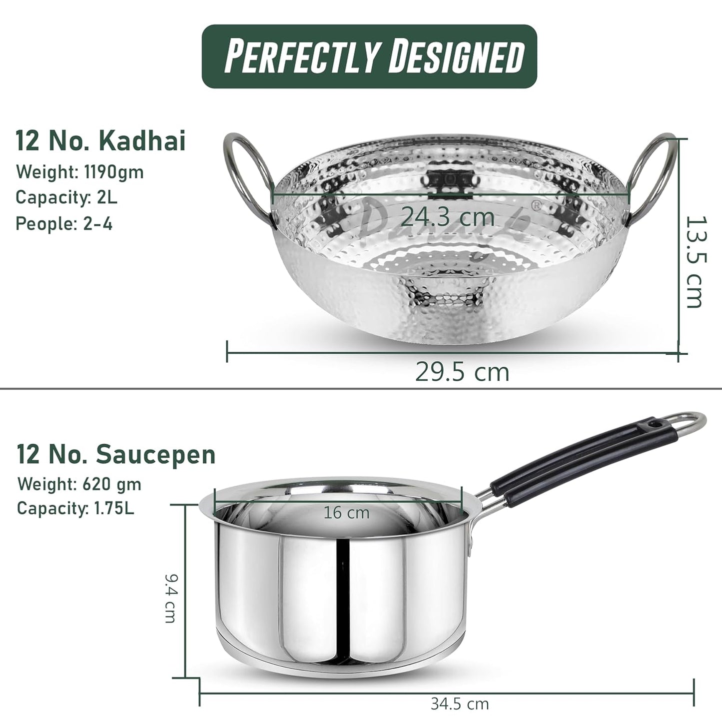 2 Pcs Stainless Steel Hammered Kadhai & Saucepan Set – Heavy Bottom for Cooking & Deep Frying, Gas Stove Friendly, Capacities 2 L & 1.75 L, Silver