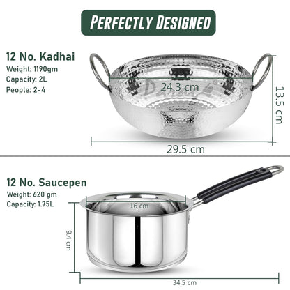 2 Pcs Stainless Steel Hammered Kadhai & Saucepan Set – Heavy Bottom for Cooking & Deep Frying, Gas Stove Friendly, Capacities 2 L & 1.75 L, Silver
