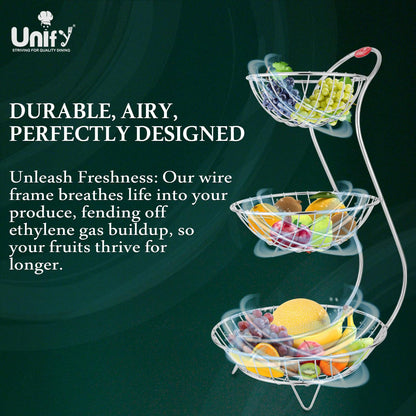Stainless Steel 3 Tier Fruit Basket for Kitchen & Dining Table | Fruit & Vegetable Storage Rack, Silver