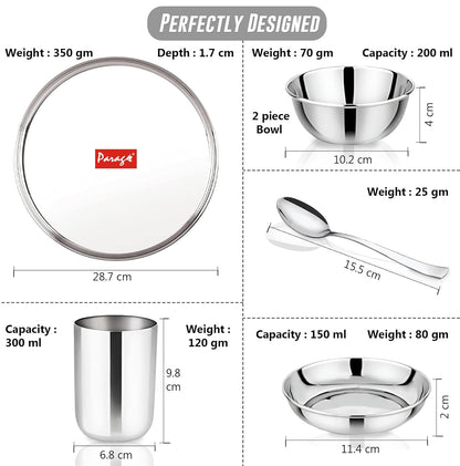 6pc Stainless Steel Dinner Set | Thali Heavy Gauge | Silver