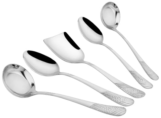 5 Pcs Stainless Steel Serving Spoon Set for Kitchen & Dining – 1.8mm Heavy Gauge, 2 Soup Ladles, 2 Solid & 1 Rice Spoon, Silver (Pack of 5)
