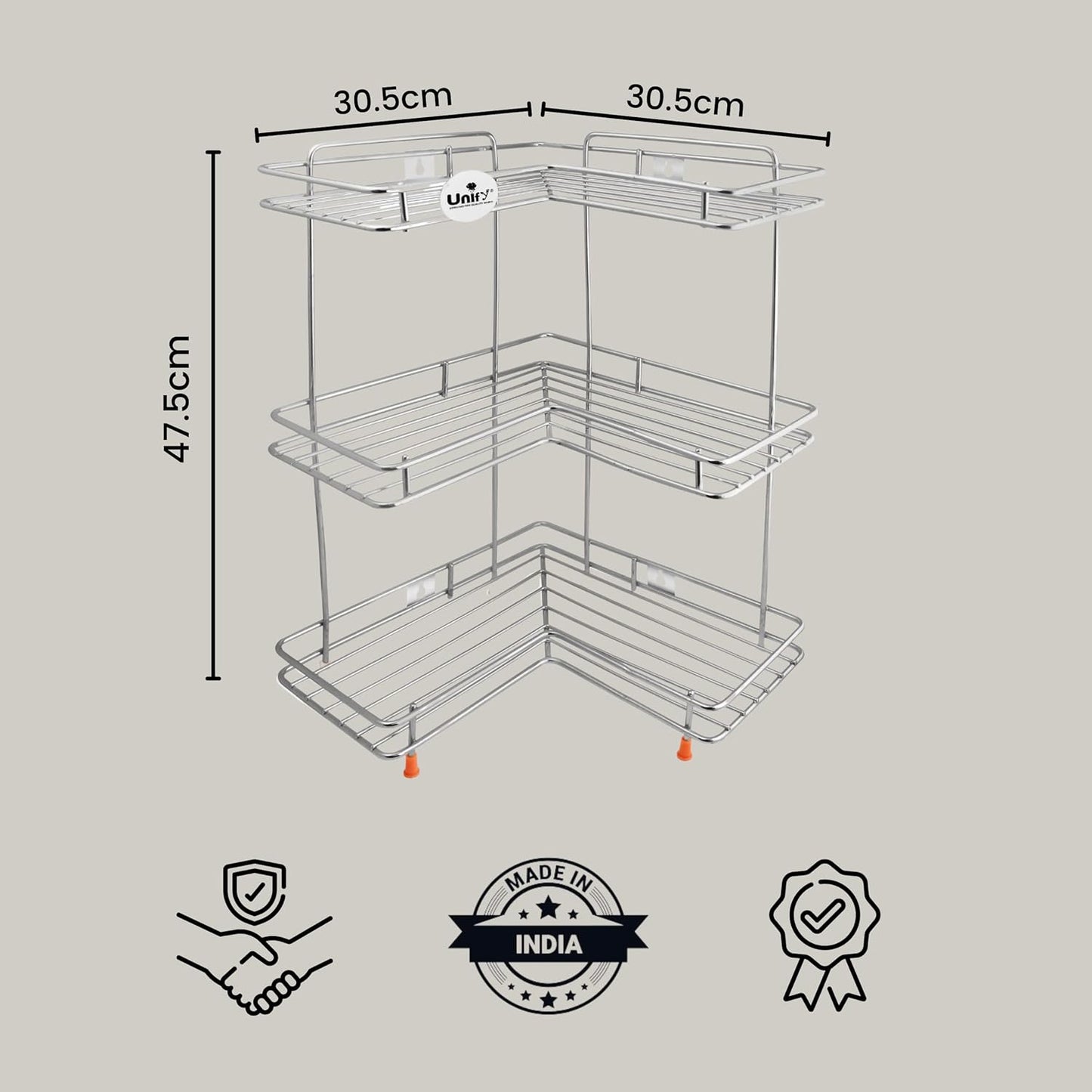 3-Tier Stainless Steel L-Corner Shelf Rack – Multipurpose Organizer for Kitchen & Bathroom, 31×31×46 cm, Chrome Finish, Silver