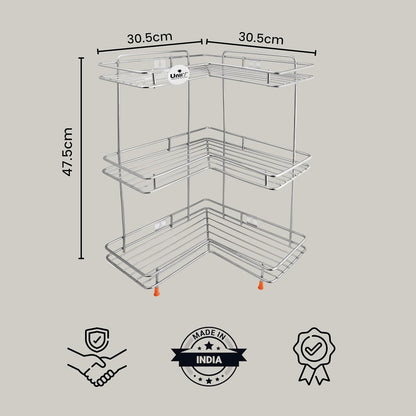 3-Tier Stainless Steel L-Corner Shelf Rack – Multipurpose Organizer for Kitchen & Bathroom, 31×31×46 cm, Chrome Finish, Silver