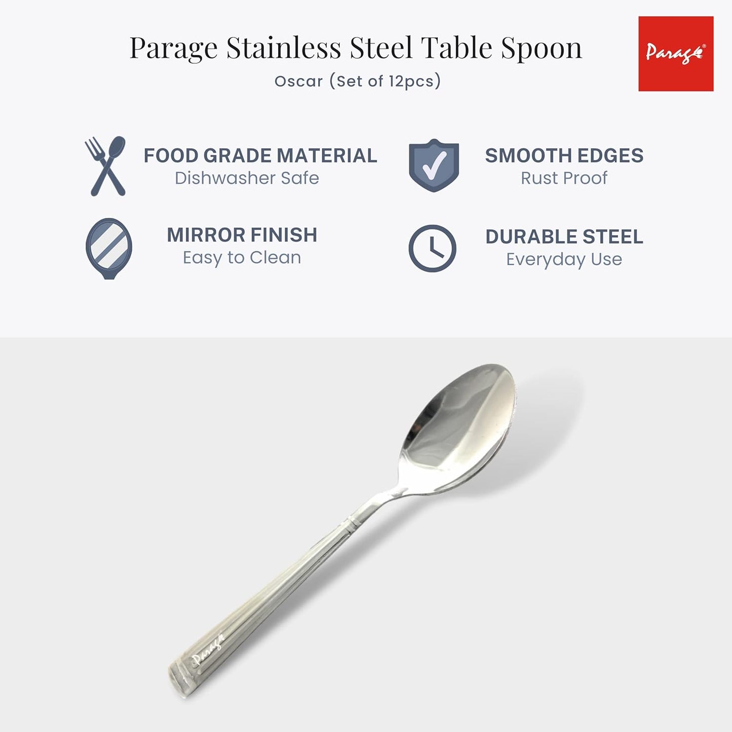 12 Pcs Stainless Steel Dinner Spoon Set | 15.5 cm Table Spoons Silver