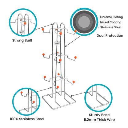 Stainless Steel Tabletop Cup Stand for 12 Cups | Heavy-Duty Tiered Holder Silver