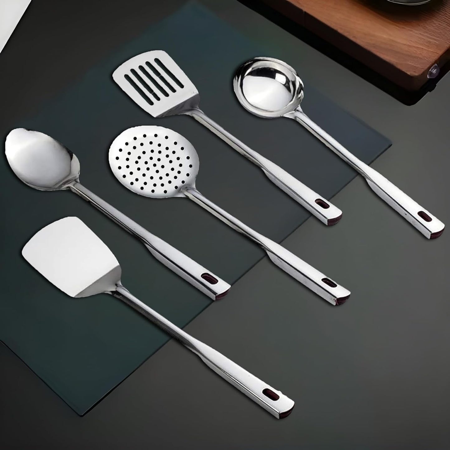 5-Piece Premium Stainless Steel Kitchen Tool Set | Cooking Utensils, Silver (Design 2)