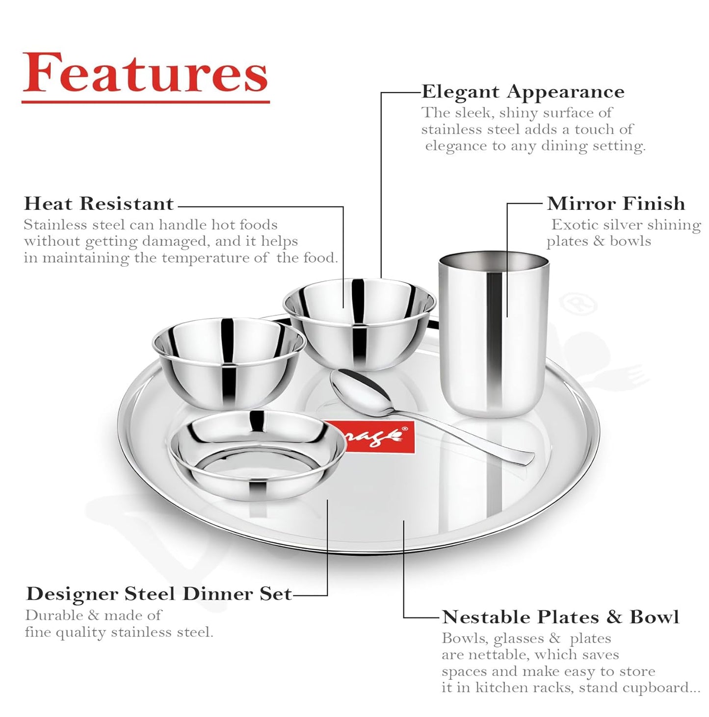 6pc Stainless Steel Dinner Set | Thali Heavy Gauge | Silver
