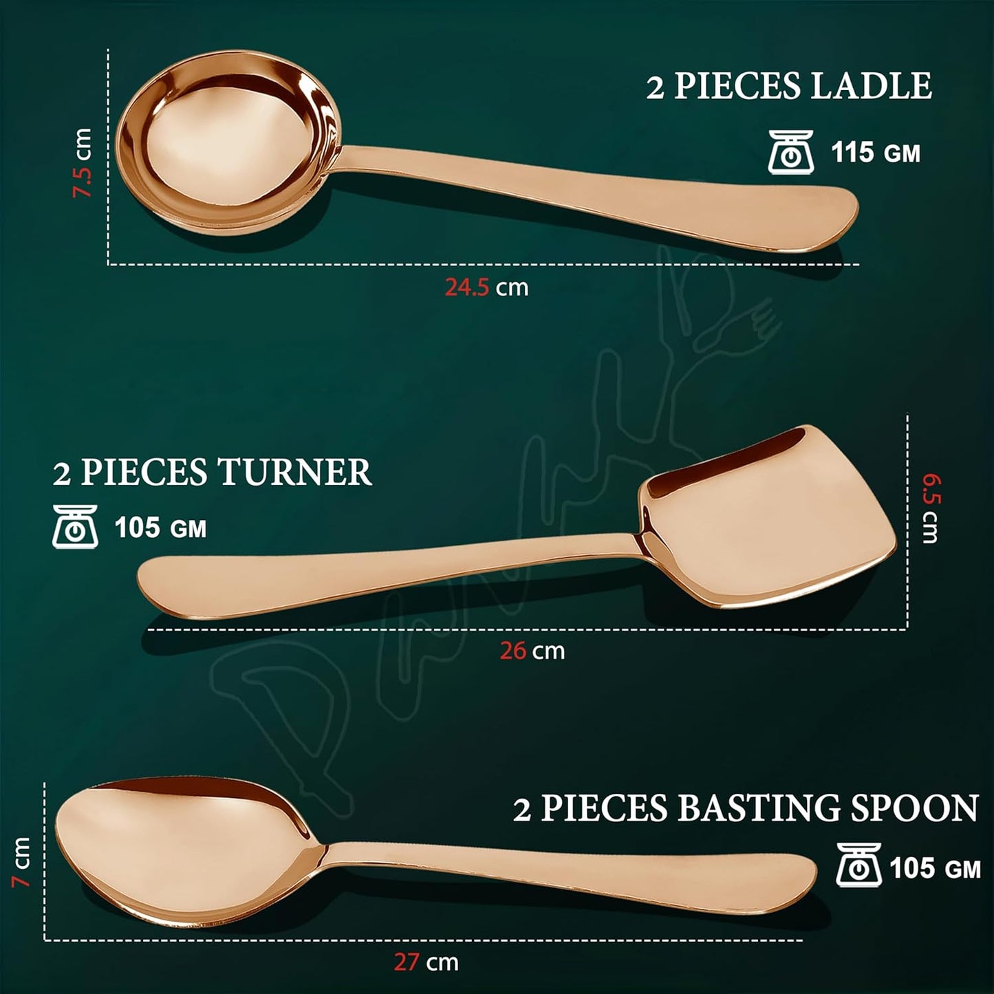 6 Pcs Stainless Steel Rose Gold Serving Spoon Set for Kitchen & Dining – 1.8mm Heavy Gauge, Soup Ladle, Solid & Rice Spoons (Pack of 6)