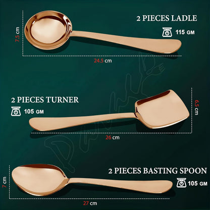 6 Pcs Stainless Steel Rose Gold Serving Spoon Set for Kitchen & Dining – 1.8mm Heavy Gauge, Soup Ladle, Solid & Rice Spoons (Pack of 6)