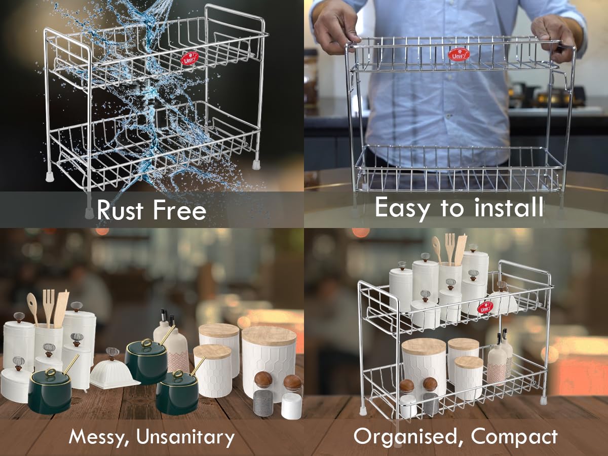 Stainless Steel 2 Tier Kitchen Spice Rack | Countertop Organizer with Shelf Liner for Cabinet & Pantry, Chrome