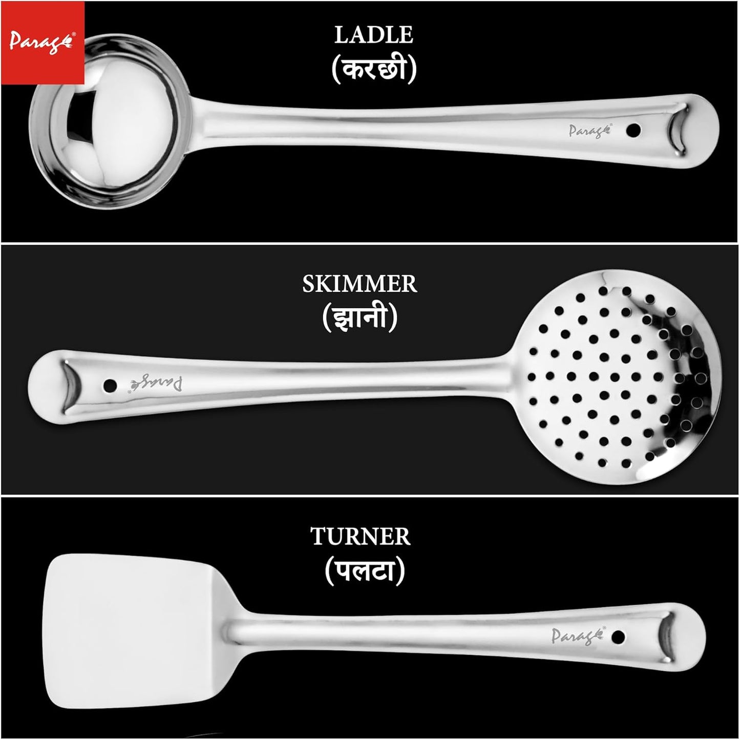 3 Pcs Stainless Steel Kitchen Tools Set for Cooking & Serving – Ladle, Skimmer & Turner, Silver, Sizes 32cm, 33.5cm & 34.5cm