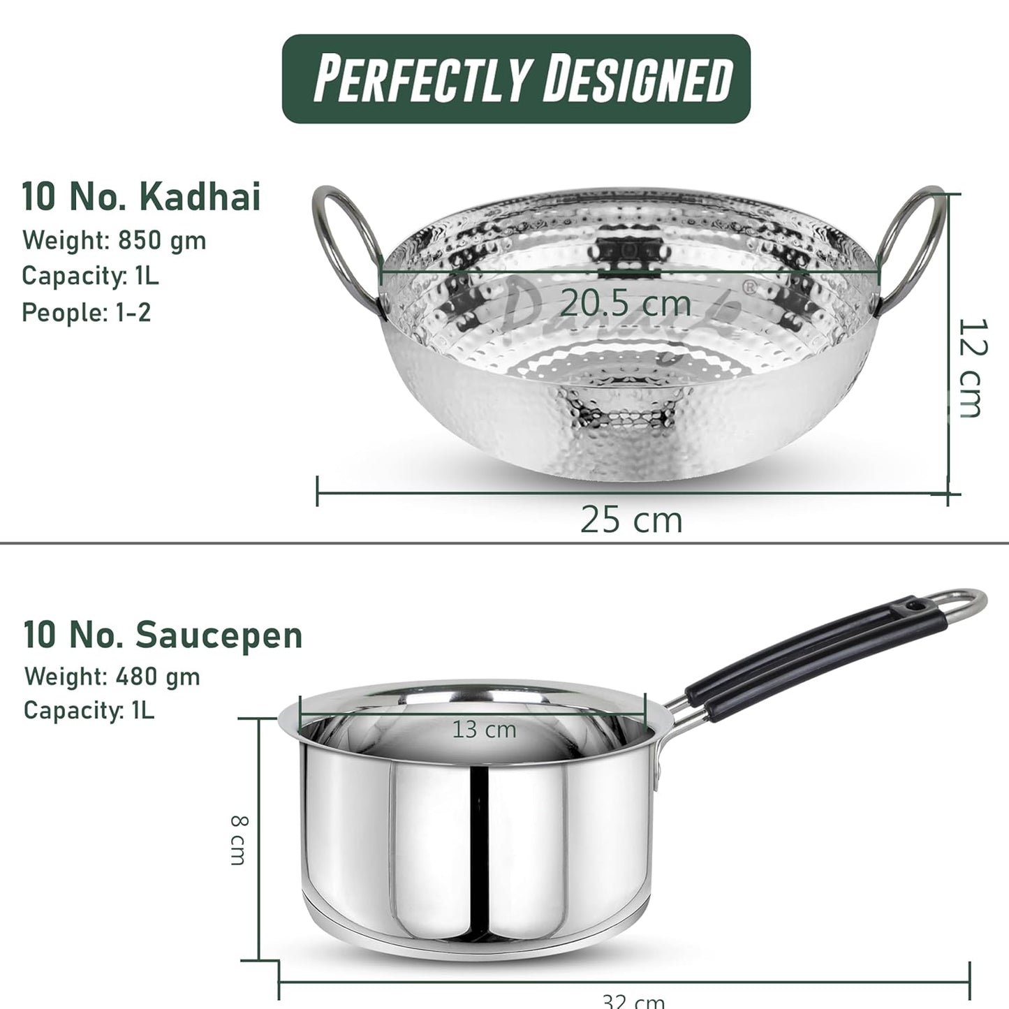 2 Pcs Stainless Steel Hammered Kadhai & Saucepan Set – Heavy Bottom for Cooking & Deep Frying, Gas Stove Friendly, Capacities 1.2 L & 1 L, Silver