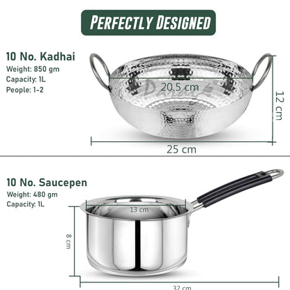 2 Pcs Stainless Steel Hammered Kadhai & Saucepan Set – Heavy Bottom for Cooking & Deep Frying, Gas Stove Friendly, Capacities 1.2 L & 1 L, Silver