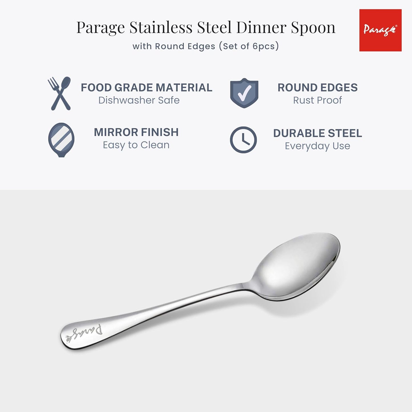 6-Piece Stainless Steel Table Spoon Set | Round Edge Tableware, 18.5 cm, Silver
