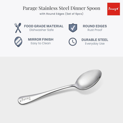 6-Piece Stainless Steel Table Spoon Set | Round Edge Tableware, 18.5 cm, Silver