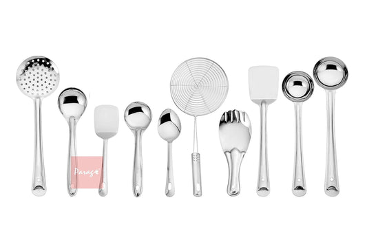 10 Pcs Stainless Steel Cooking Spoons Set for Kitchen – Ladle, Turner, Strainer, Rice Spoon, Oval & Serving Spoons, Essential Home Set