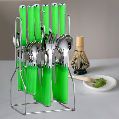 25 Pcs Stainless Steel Cutlery Set with Stand for Kitchen & Dining | Green