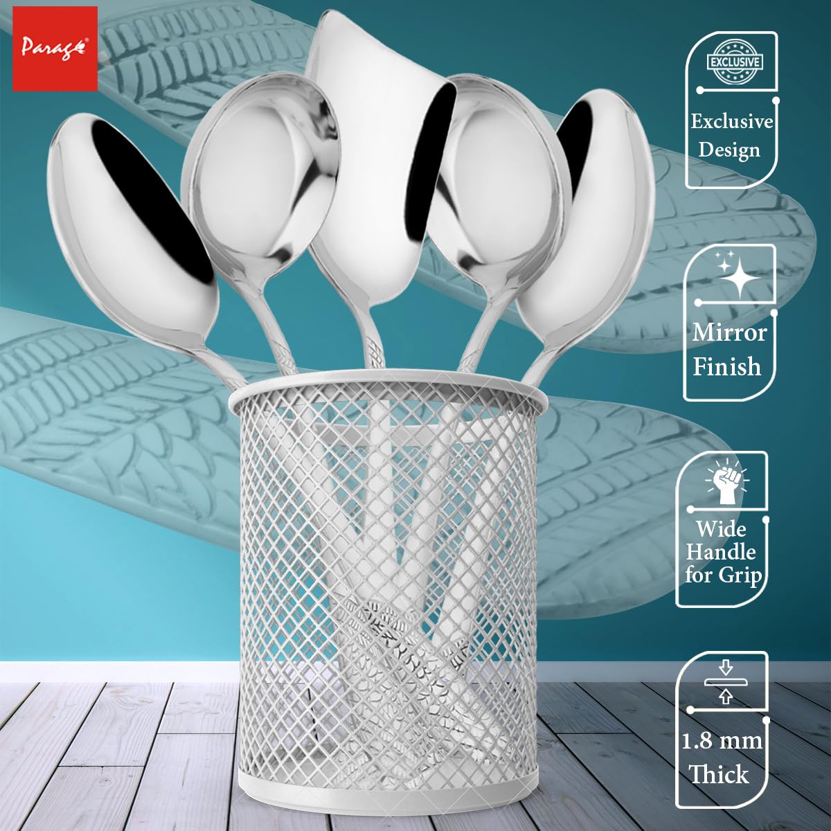 5 Pcs Stainless Steel Serving Spoon Set for Kitchen & Dining – 1.8mm Heavy Gauge, 2 Soup Ladles, 2 Solid & 1 Rice Spoon, Silver (Pack of 5)