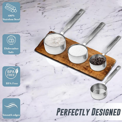 4 Pcs Stainless Steel Measuring Cups – Stackable, Wire Handles, Professional Set