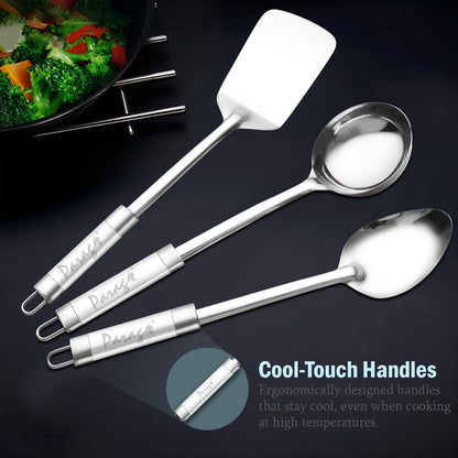 3 Pieces Stainless Steel Kitchen Tools for Cooking & Serving – Basting Spoon, Ladle, Turner with Dual Tone Handles, Silver Finish