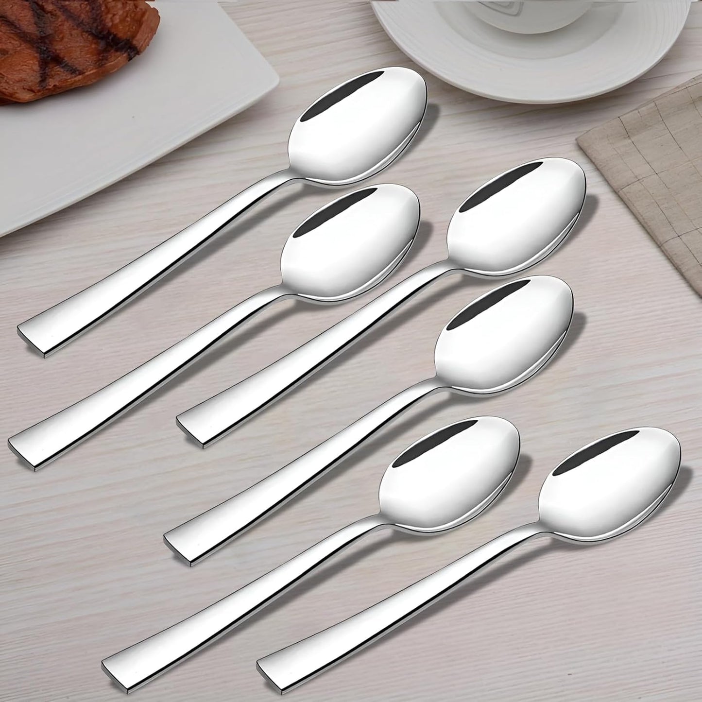 6 Pcs Stainless Steel Dinner Spoon Set – 16cm, Food Grade, Mirror Polished Silverware for Home & Kitchen, 6 Silver Spoons