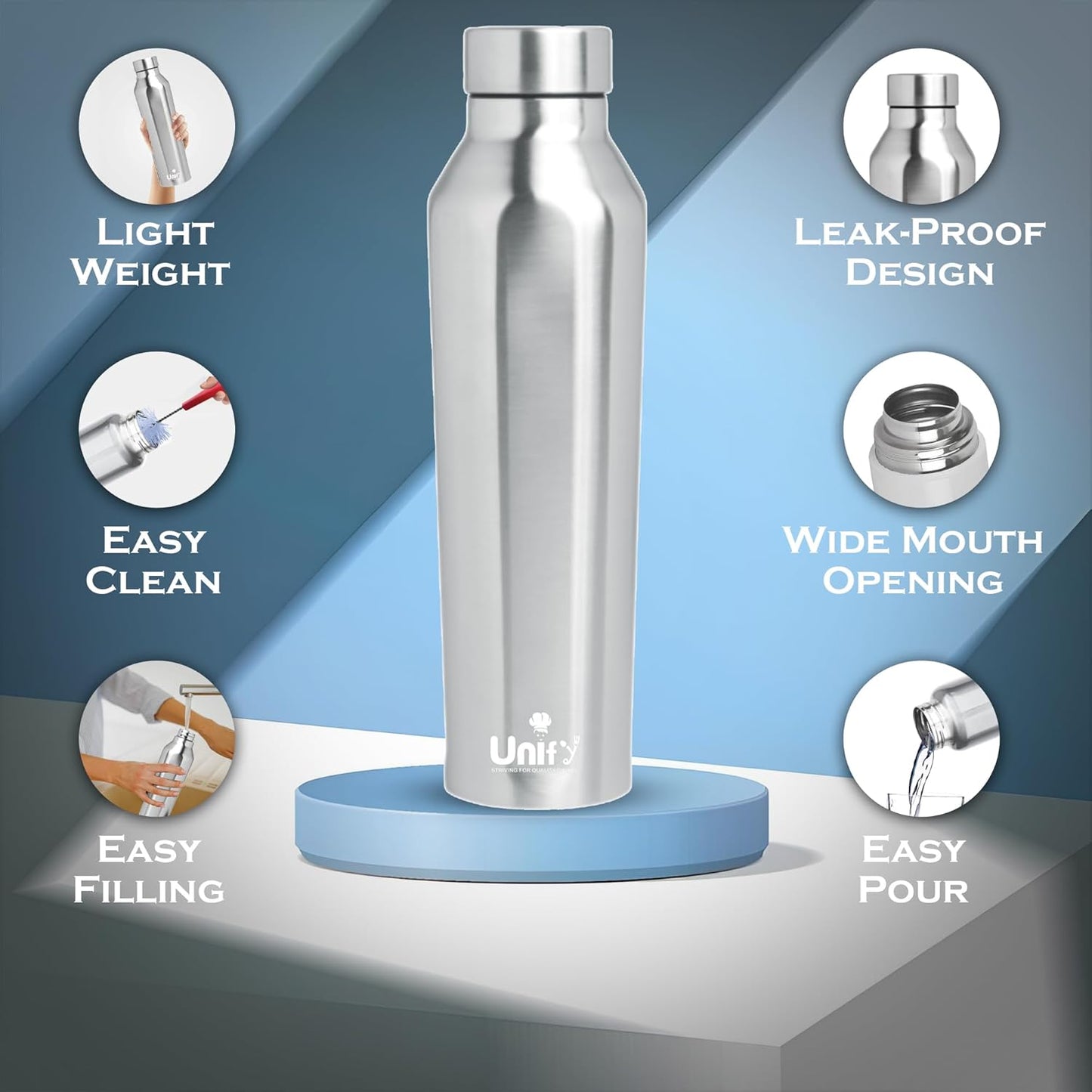 Stainless Steel Water Bottle | 1L Leak-Proof | Venus Silver