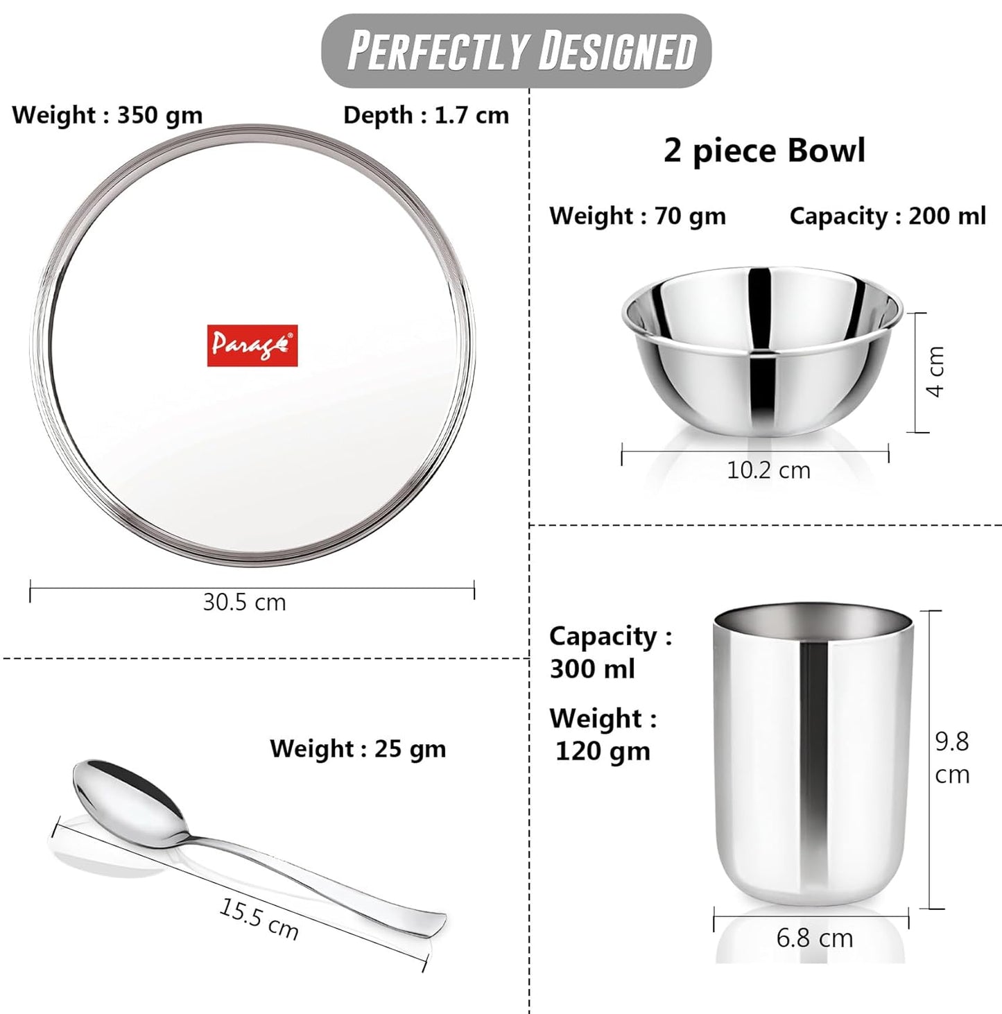 5pc Stainless Steel Dinner Set | Thali Heavy Gauge | Silver