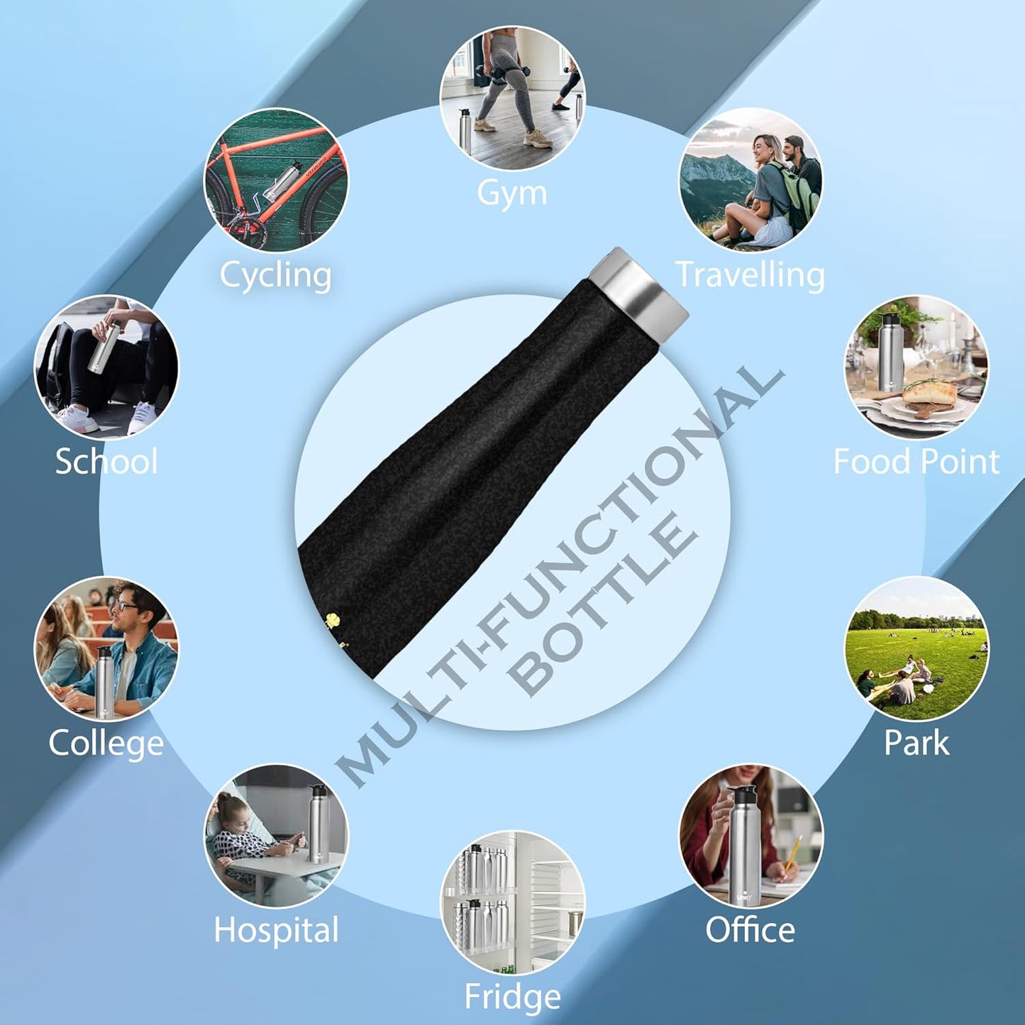 Stainless Steel Water Bottle 1 Litre | Leak-Proof Fridge Bottle for Home, Gym & Travel | Set of 3, 1000 ml, Black