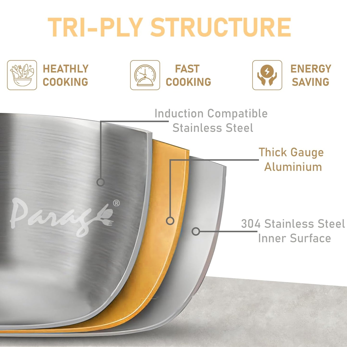 Tripure Triply Stainless Steel Fry Pan 24 cm | Heavy Bottom Pan for Frying & Tempering | Induction & Gas Compatible | Stay-Cool Handle | Scratch Resistant | 5 Years Warranty
