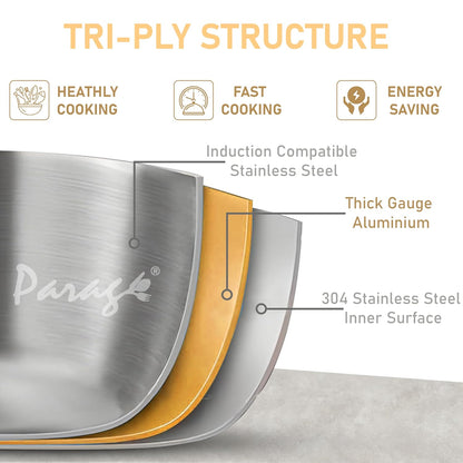 Tripure Triply Stainless Steel Fry Pan 24 cm | Heavy Bottom Pan for Frying & Tempering | Induction & Gas Compatible | Stay-Cool Handle | Scratch Resistant | 5 Years Warranty