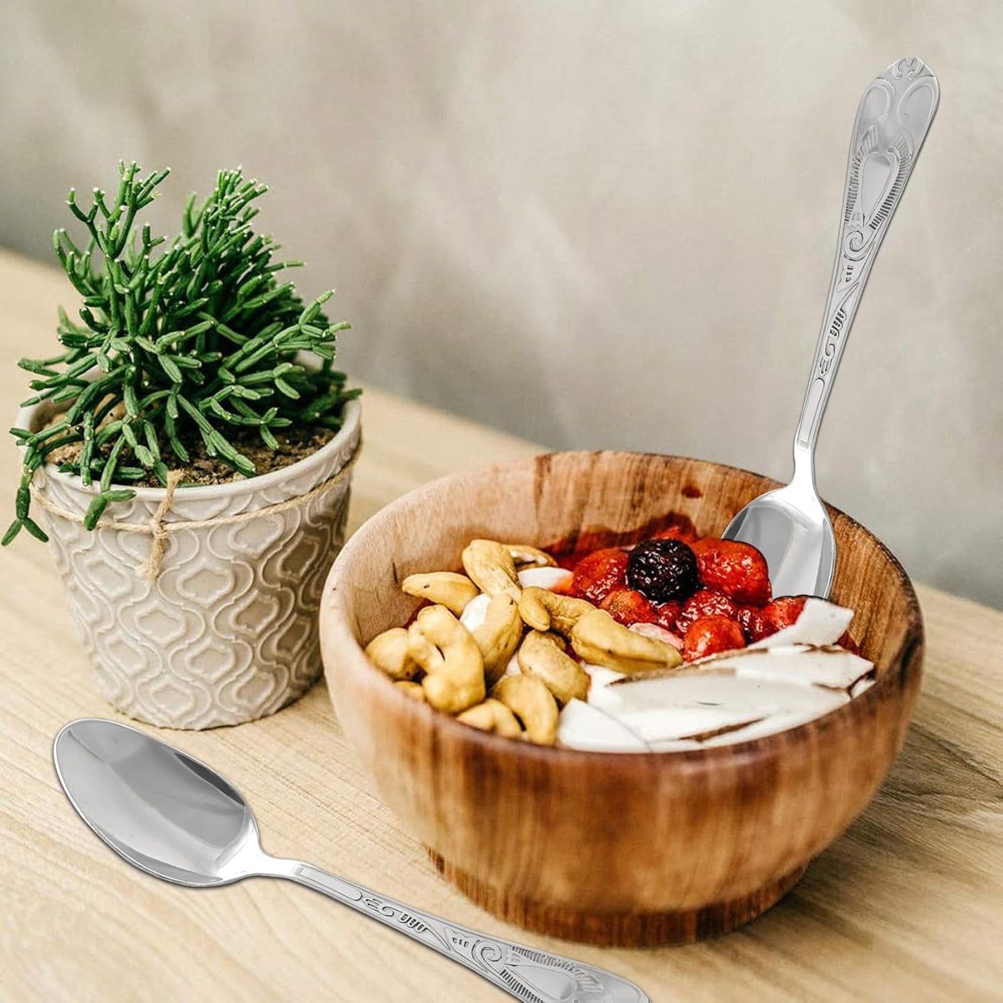 12 Pcs Stainless Steel Dinner Spoon Set | 15.5 cm Moti Table Spoons Silver