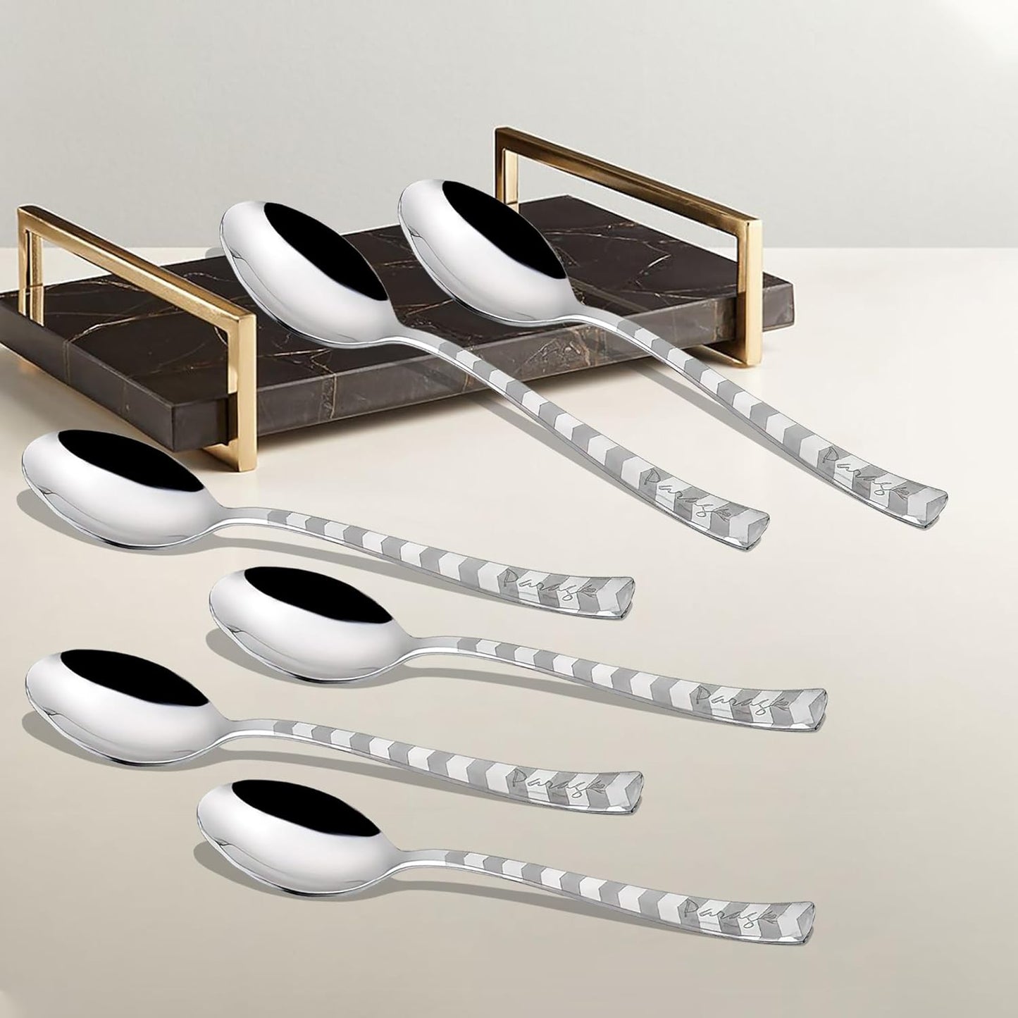 Stainless Steel Spoon Set of 6 | Arrow Design Dinner Spoons for Home & Kitchen | 16 cm, Silver