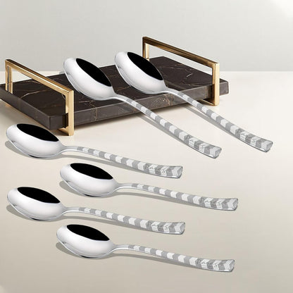 Stainless Steel Spoon Set of 6 | Arrow Design Dinner Spoons for Home & Kitchen | 16 cm, Silver