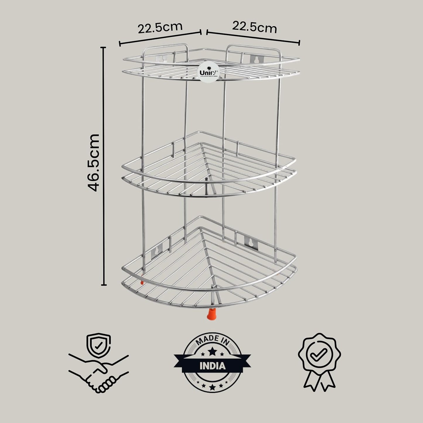 3-Tier Stainless Steel Kitchen Rack – Multipurpose Organizer & Corner Shelf for Kitchen & Bathroom, Wall-Mounted, 23×23×48 cm, Chrome Finish