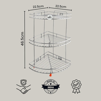 3-Tier Stainless Steel Kitchen Rack – Multipurpose Organizer & Corner Shelf for Kitchen & Bathroom, Wall-Mounted, 23×23×48 cm, Chrome Finish
