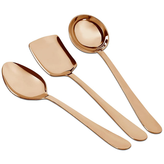 3 Pcs Stainless Steel Rose Gold Serving Spoon Set for Kitchen & Dining – 1.8mm Heavy Gauge, Soup Ladle, Solid & Rice Spoon (Pack of 3)