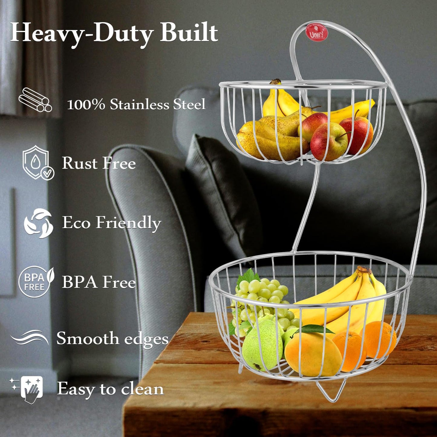 Stainless Steel 2 Tier Fruit Basket for Dining Table & Kitchen | Fruit & Vegetable Storage Rack, Silver