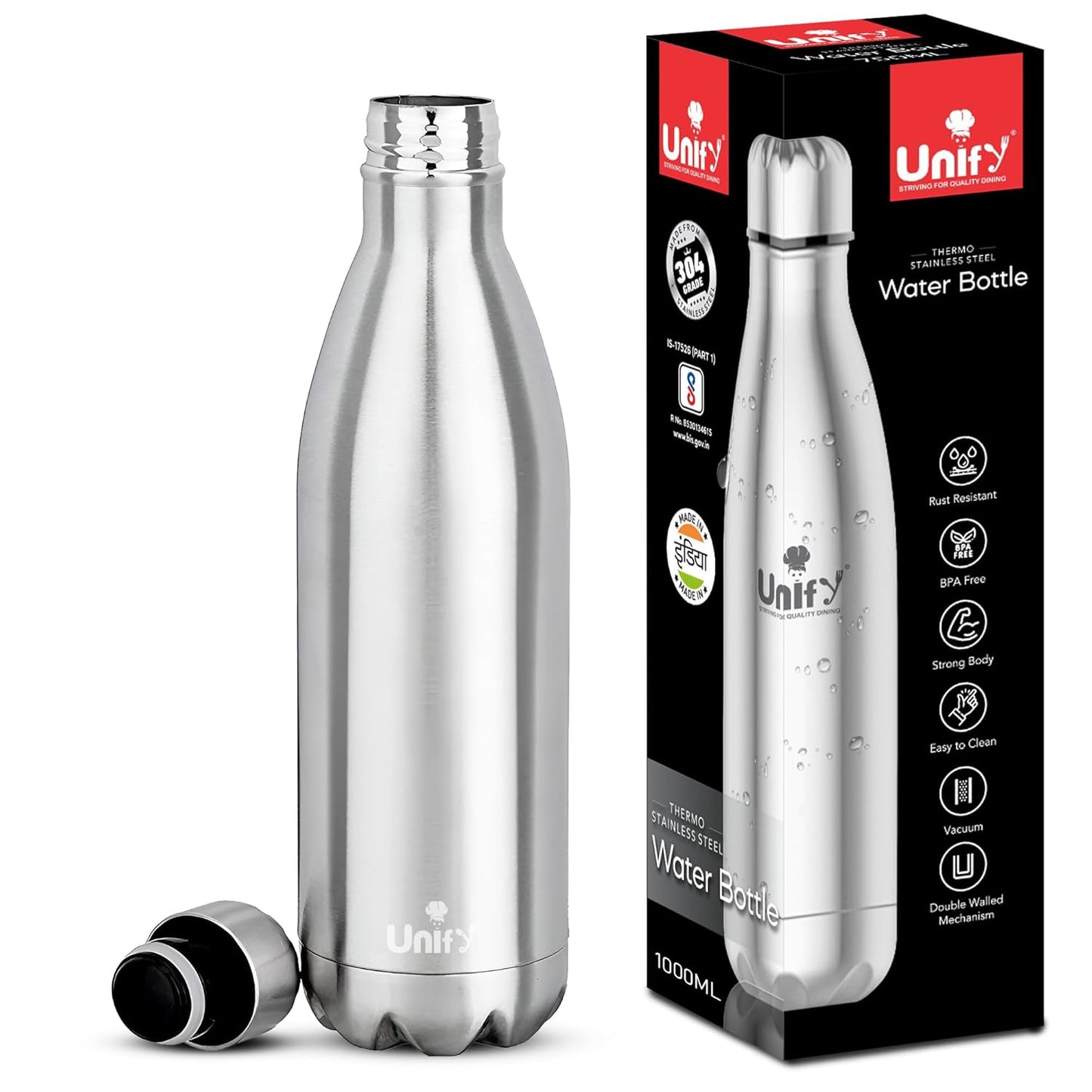 Thermosteel Hot & Cold Water Bottle 1000ml | 304 SS Vacuum Flask | 24 Hrs Hot & Cold, Leak & Rust Proof