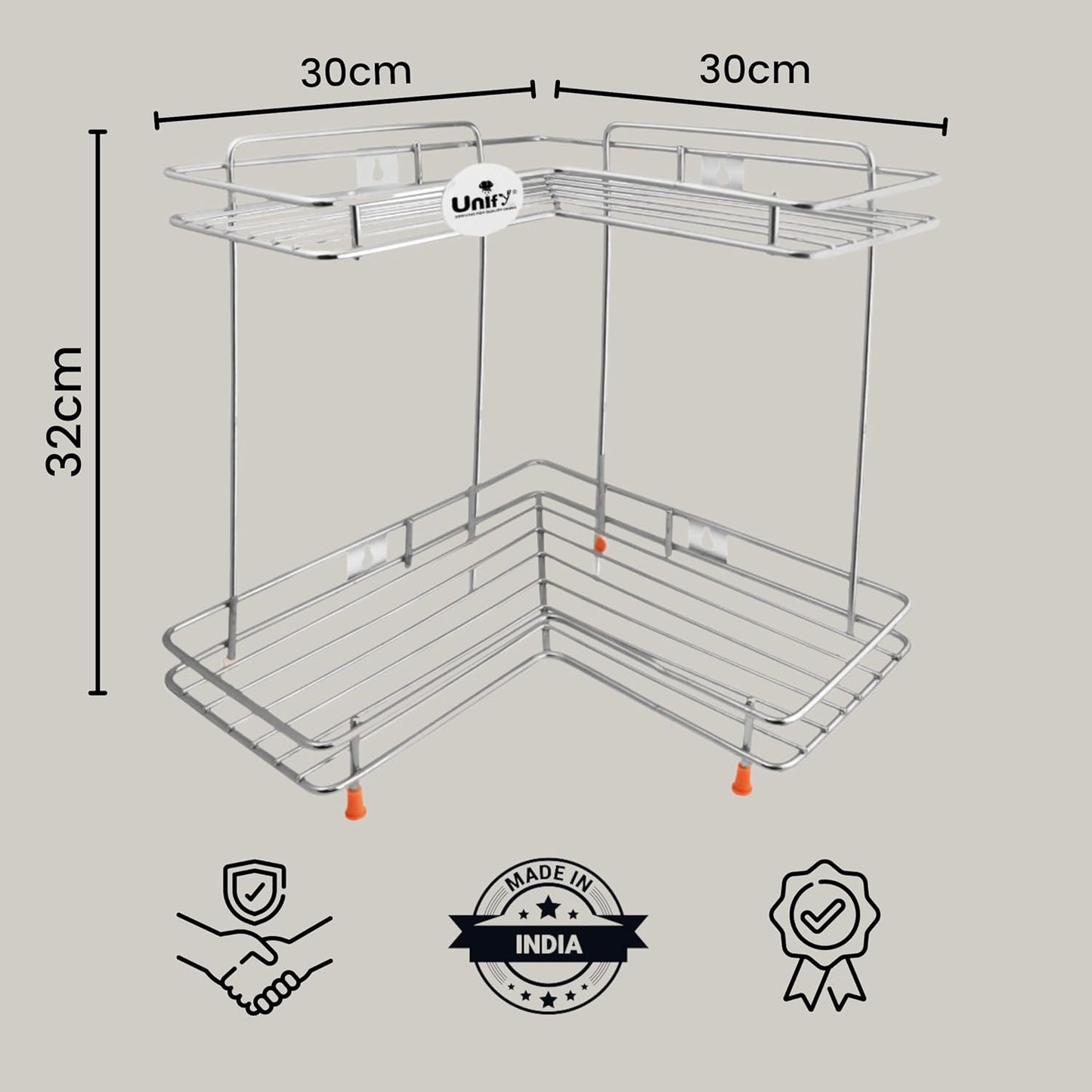 2-Tier Stainless Steel L-Corner Shelf Rack – 31×31×33 cm, Chrome Finish