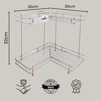 2-Tier Stainless Steel L-Corner Shelf Rack – 31×31×33 cm, Chrome Finish