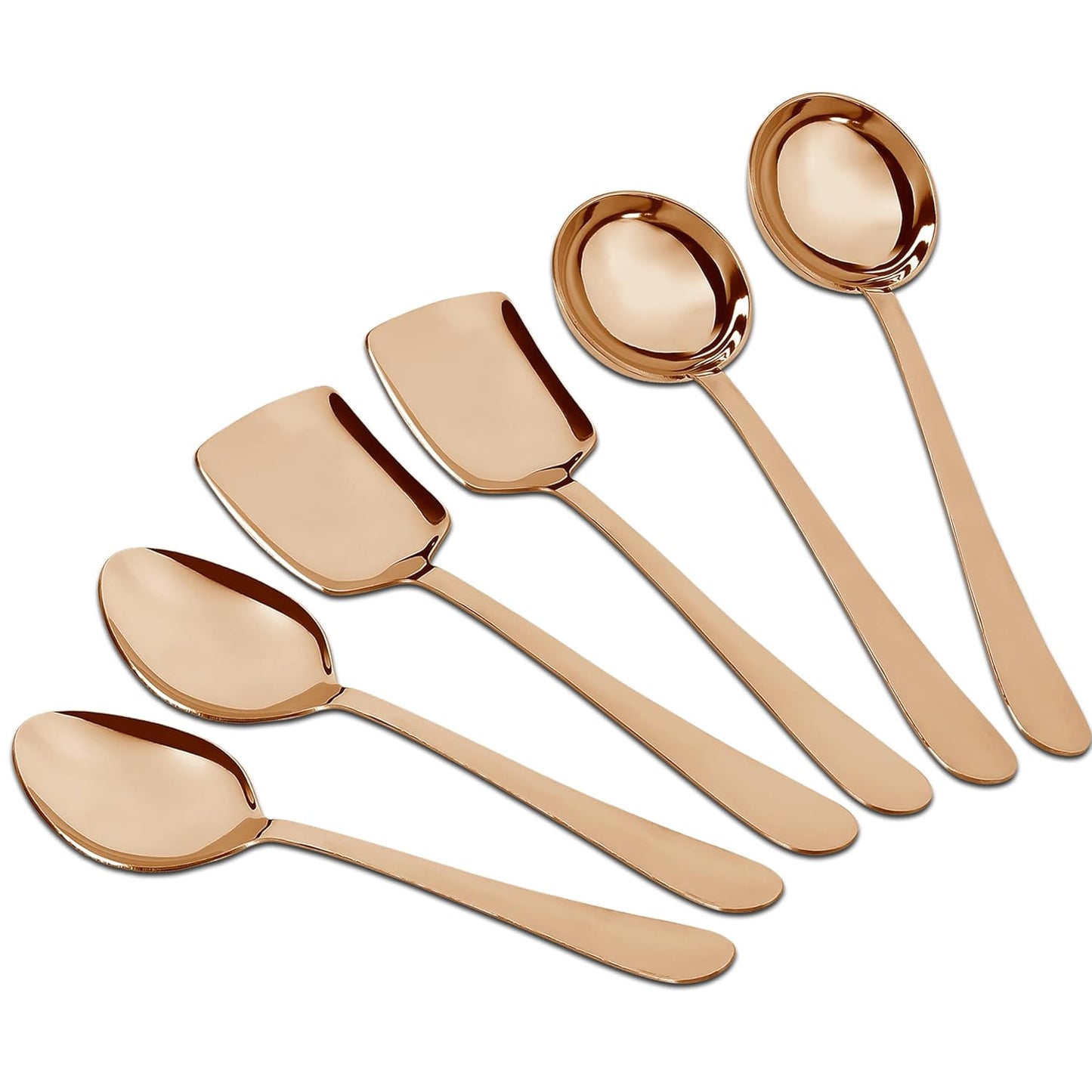 6 Pcs Stainless Steel Rose Gold Serving Spoon Set for Kitchen & Dining – 1.8mm Heavy Gauge, Soup Ladle, Solid & Rice Spoons (Pack of 6)
