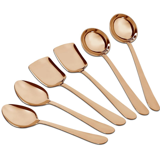 6 Pcs Stainless Steel Rose Gold Serving Spoon Set for Kitchen & Dining – 1.8mm Heavy Gauge, Soup Ladle, Solid & Rice Spoons (Pack of 6)