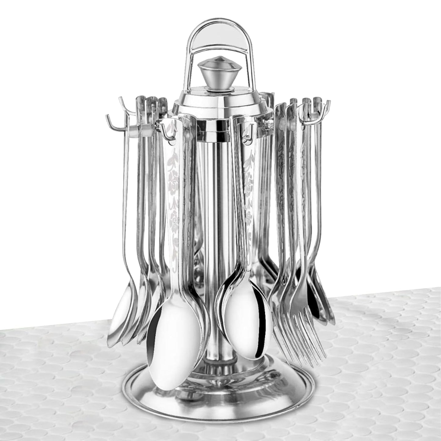 25 Pcs Stainless Steel Cutlery Set with Stand for Home & Kitchen | Silver Tableware
