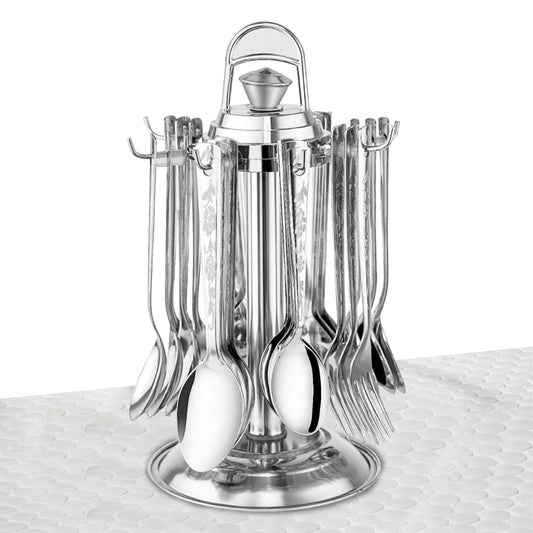25 Pcs Stainless Steel Cutlery Set with Stand for Home & Kitchen | Silver Tableware