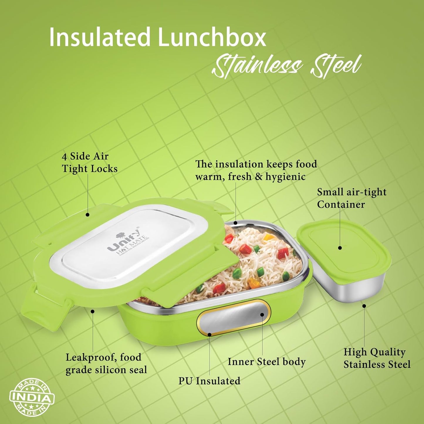Stainless Steel Insulated Airtight Lunch Box with Unbreakable Lid, Leak-Proof Tiffin for Kids & Office (800 ml, Green)