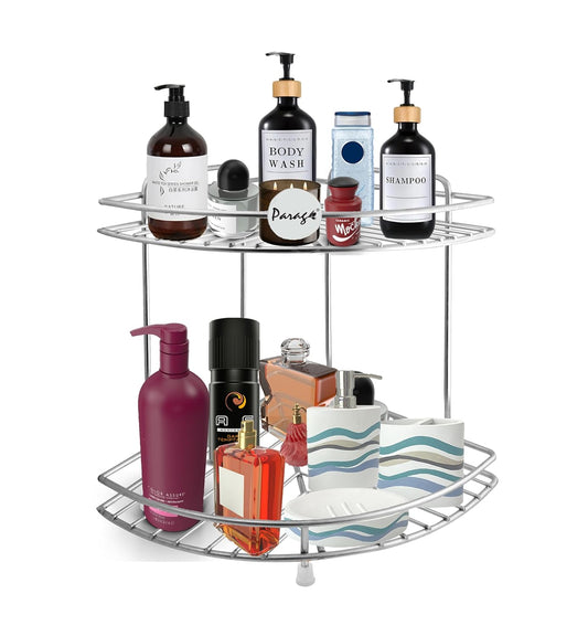 2-Tier Stainless Steel Multipurpose Corner Shelf Rack – Organizer for Kitchen & Bathroom, Wall-Mounted, 23×23×33 cm, Chrome Finish
