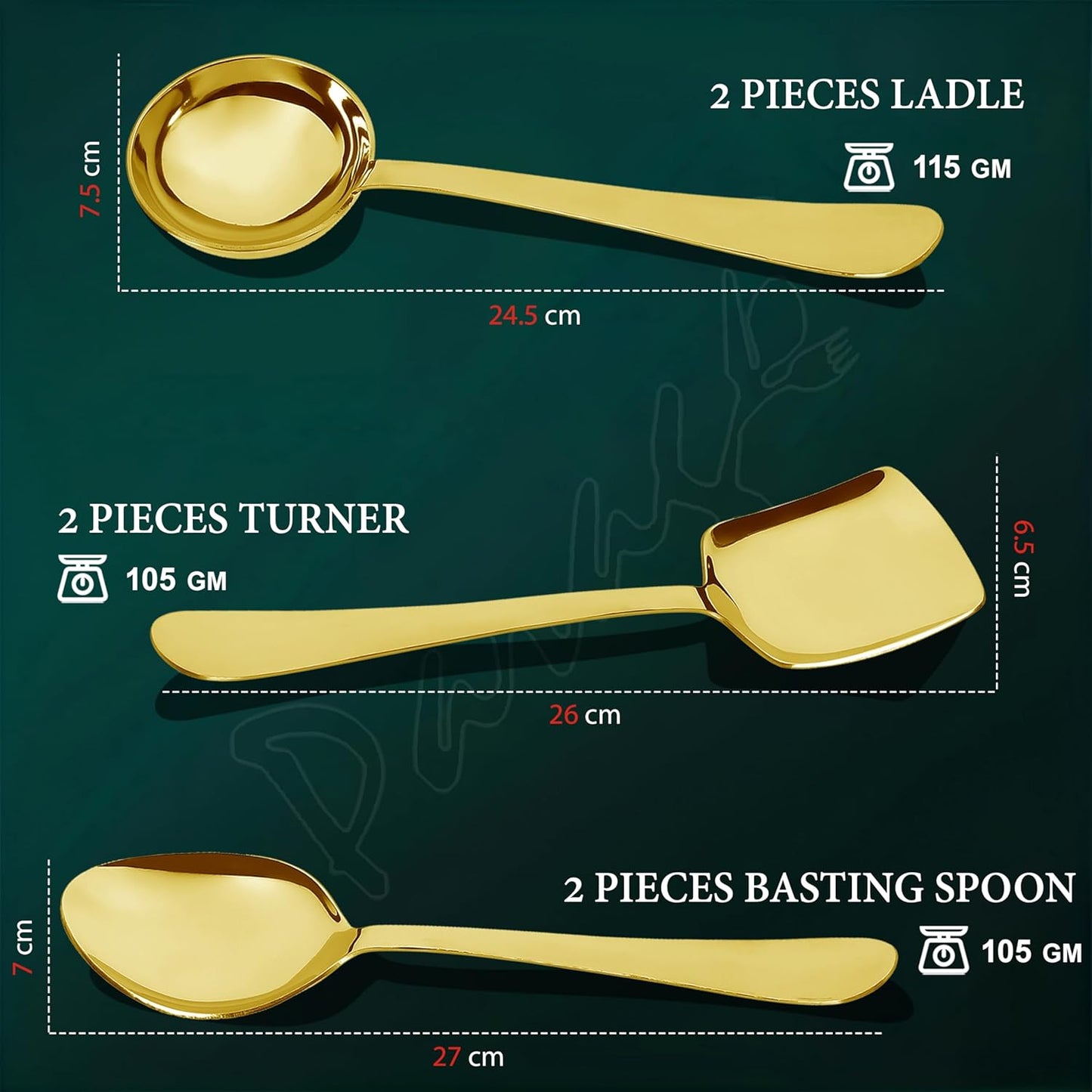 6 Pcs Stainless Steel Gold Serving Spoons Set – Heavy Gauge Kitchen Use