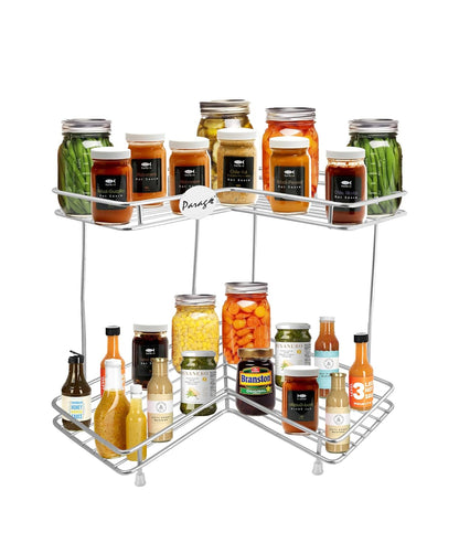 2 Tier Stainless Steel Corner Rack | L Shape Wall Mount Kitchen Shelf