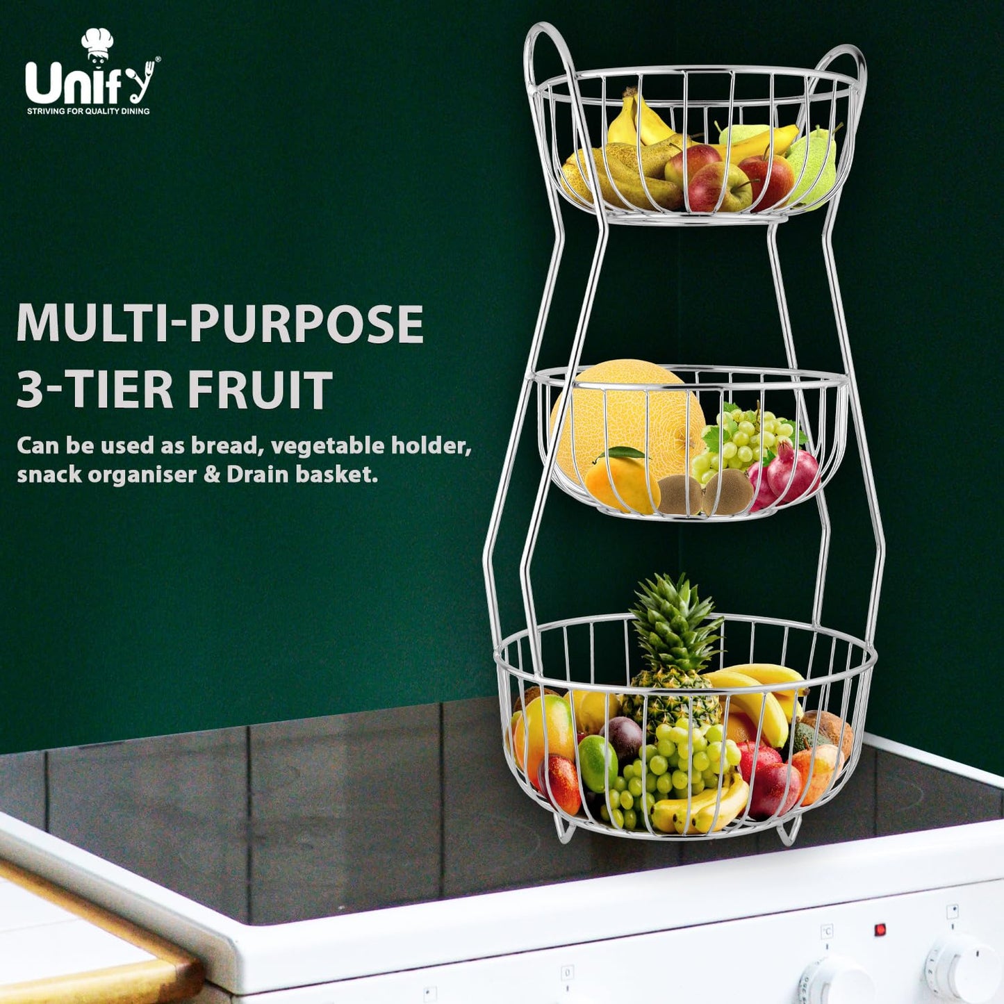3-Tier Stainless Steel Fruit Basket – Round, Kitchen & Dining Table Stand